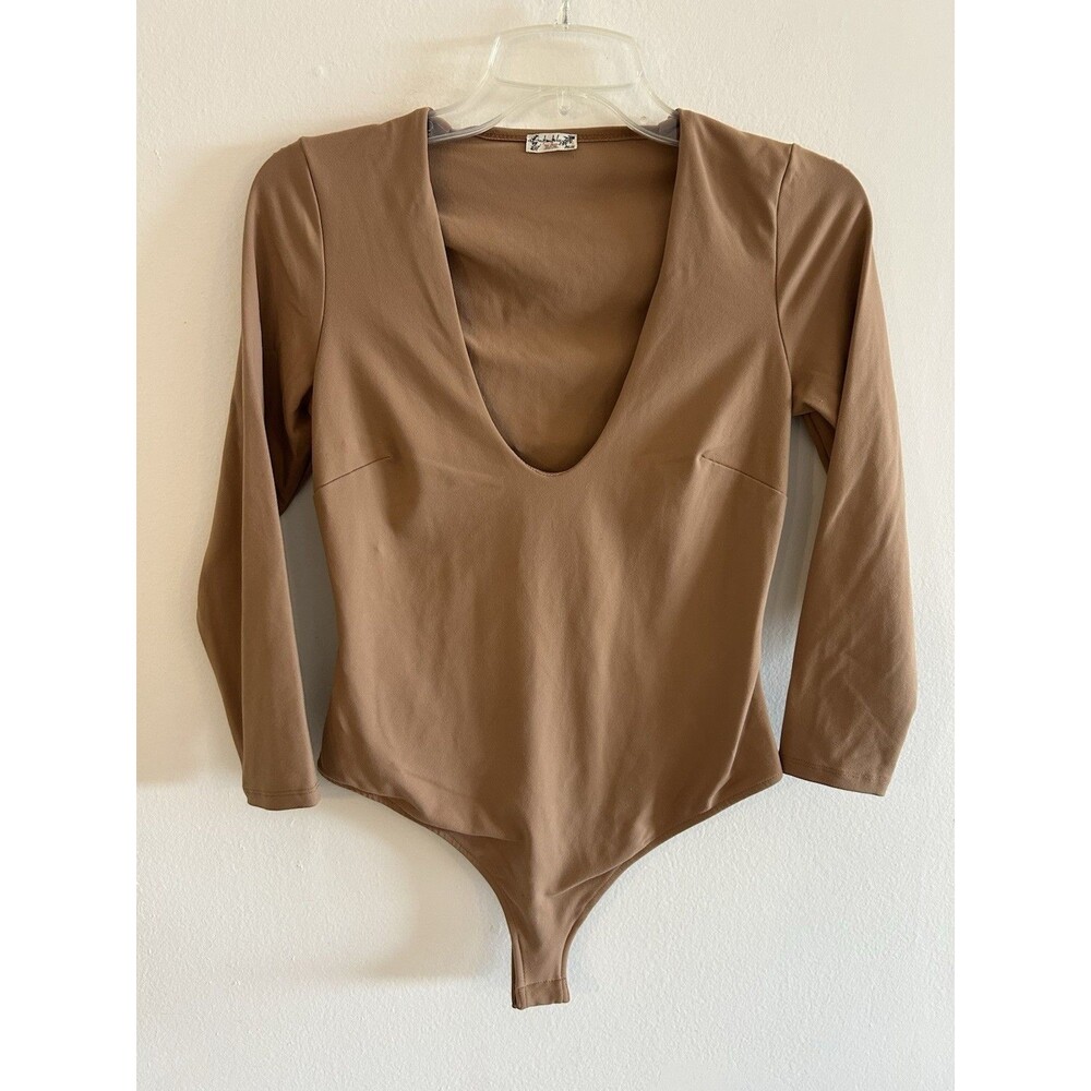 Intimately Free People Close Call Bodysuitl Sz S Thong V Neck Tobacco Neutral